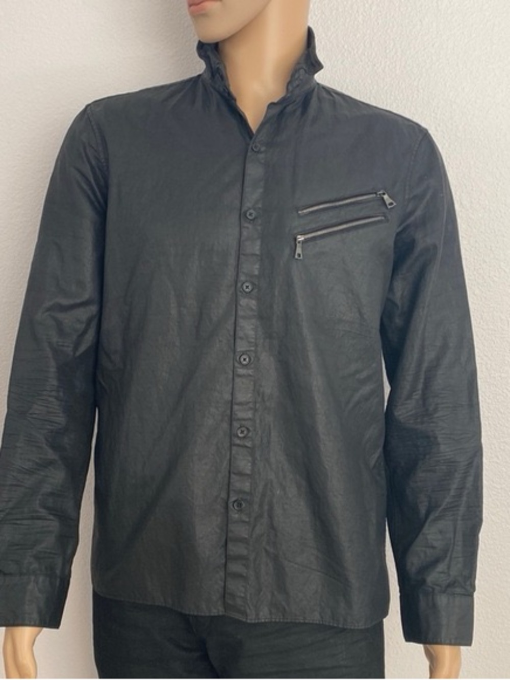 Men's Black Leather-Style Zip Pocket Shirt
